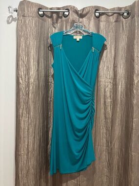 Michael Kors Teal Ruched V-Neck Midi Asymmetrical Lycra Dress